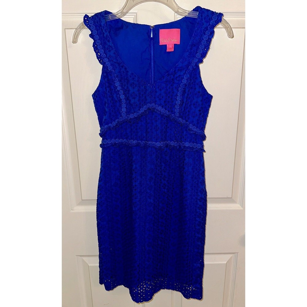 Lilly Pulitzer Kaylee Blue Shift Dress Lapis Lazuli Petit Petal Eyelet Lace Sz 2